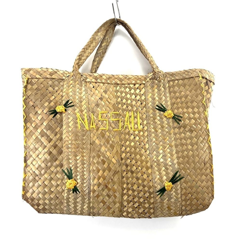 2 Vintage Woven Nassau Bahamas Straw Wicker Hobo Lined Tote Bag Flowers - Picture 8 of 15